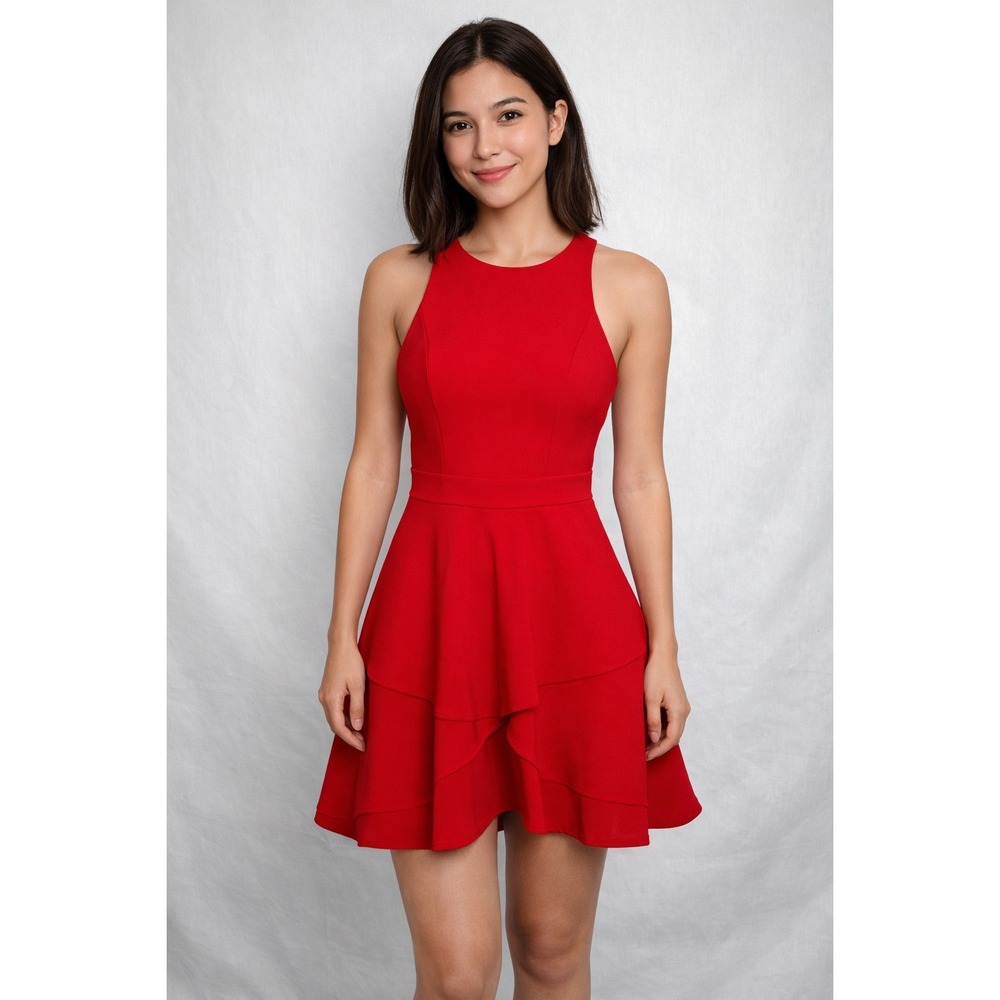 Adelyn Rae Red Tiered Ruffle Fit‎ and Flare Mini Dress Womens XS Halter Neck